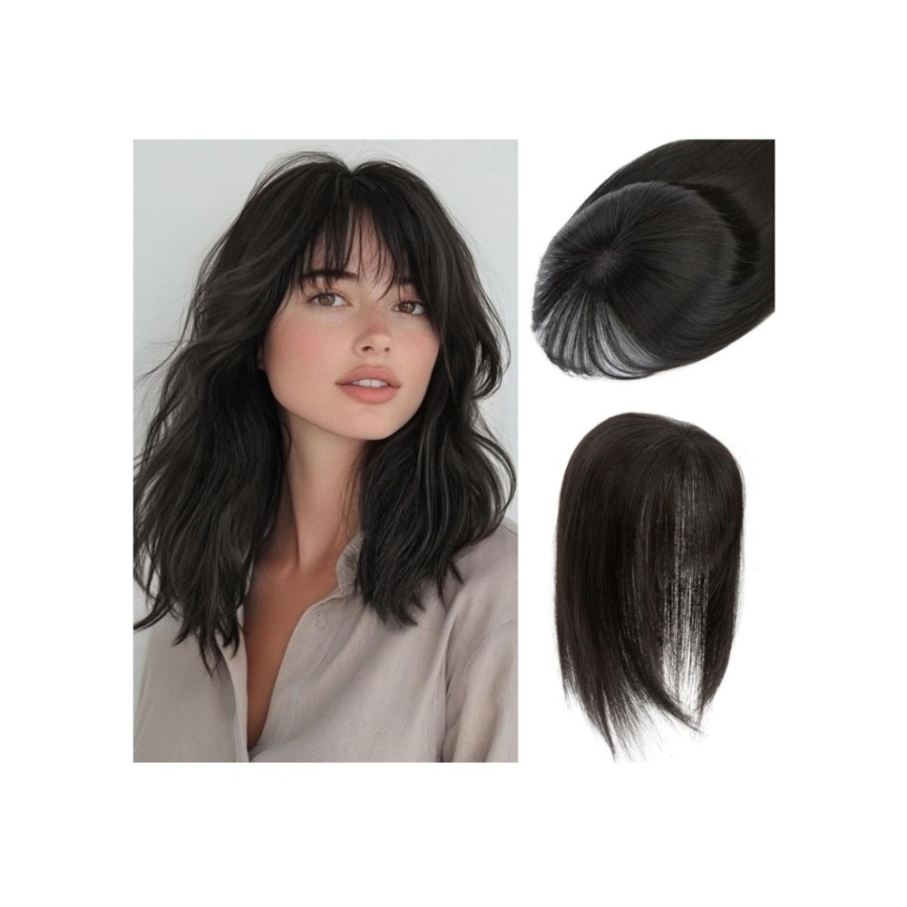 Real Human Hair Topper Bangs 12" Jet Black (French) 360 3D Coverage Hairpiece